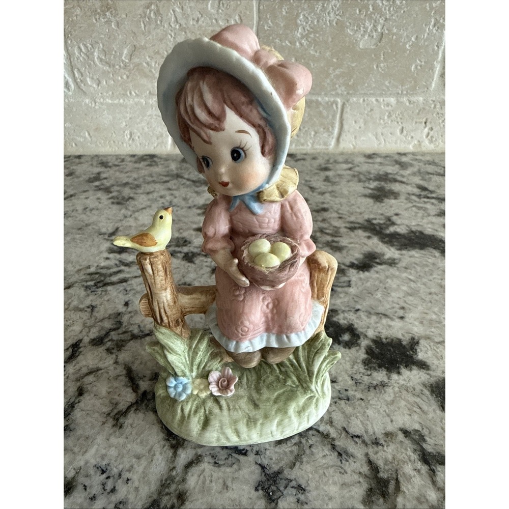 Vintage Lefton Girl Blonde Hair Figurine on Fence Eggs with Blue Bird 1984 04136